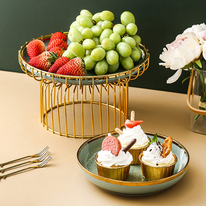 Luxury Modern Ceramic Cake & Fruit Display Plate with Golden Stand - Snack, Candy & Dessert Tray Bowl