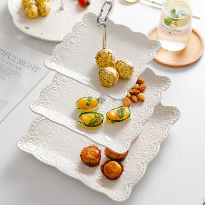 Lace Elegance – 3-Tier Ceramic Cake Stand Set | Round/Square Plates