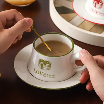 Exquisite French Retro Ceramic Cup with Saucer Set 300ml, Red/green
