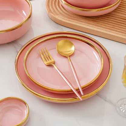 Modern Luxury Pink Gold-Edged Porcelain Dinnerware Set