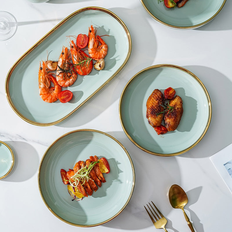 Gold-Edged Ceramic in Fruit Green (32-Piece Set with Gift Box)