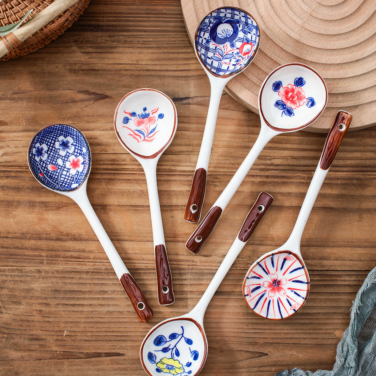 Japanese Style Flower Pattern Long Handle Ceramic Spoon Flatware Set - Noodle, Soup & Dinner Spoons