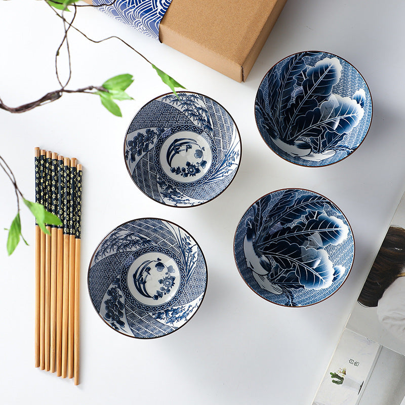 Blue Blossom – Japanese Style Hand-Painted Porcelain Bowl Set (6 pcs)