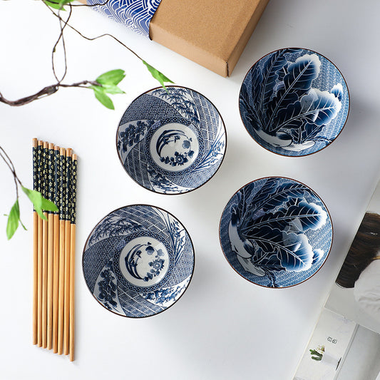 Blue Blossom – Japanese Style Hand-Painted Porcelain Bowl Set (6 pcs)