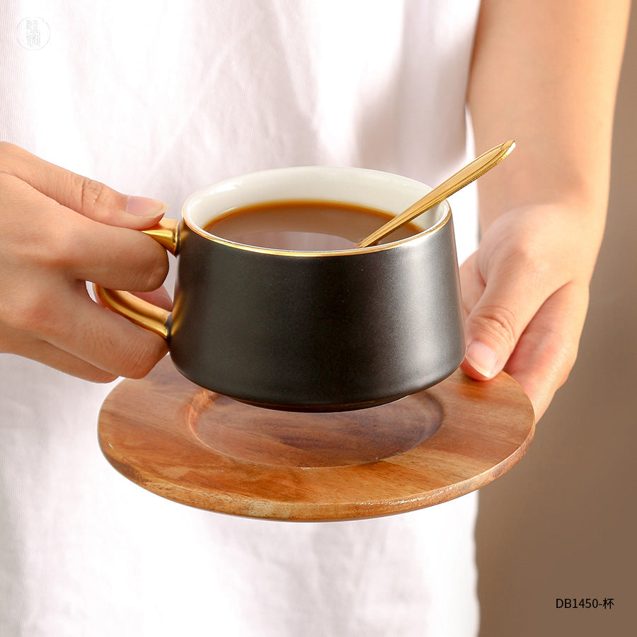 Wooden Gold Rimmed Coffee Cups with Plates & Spoons 270ml
