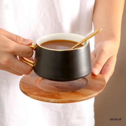 Wooden Gold Rimmed Coffee Cups with Plates & Spoons 270ml