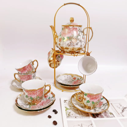 British Ceramic 13-Piece Tea Set with Golden Coffee & Tea Royal Teapot and Cups - Afternoon Tea European Style
