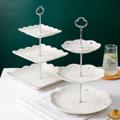Lace Elegance – 3-Tier Ceramic Cake Stand Set | Round/Square Plates