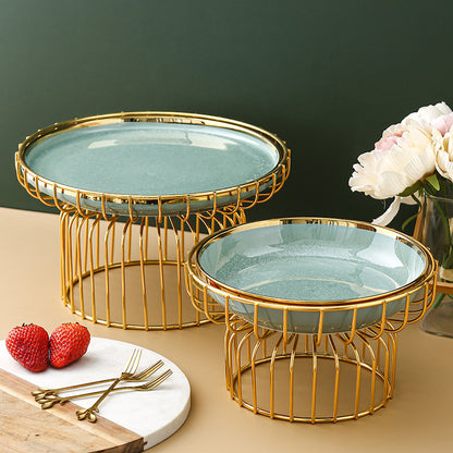 Luxury Modern Ceramic Cake & Fruit Display Plate with Golden Stand - Snack, Candy & Dessert Tray Bowl