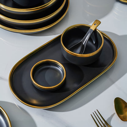 Luxury Porcelain Tableware Set - Modern Matte Black with Gold Edge (32-Piece Set with Gift Box)