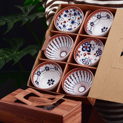 Retro Essence – 4.5" Japanese Style Ceramic Bowl Set of 6 | Porcelain Gift Set
