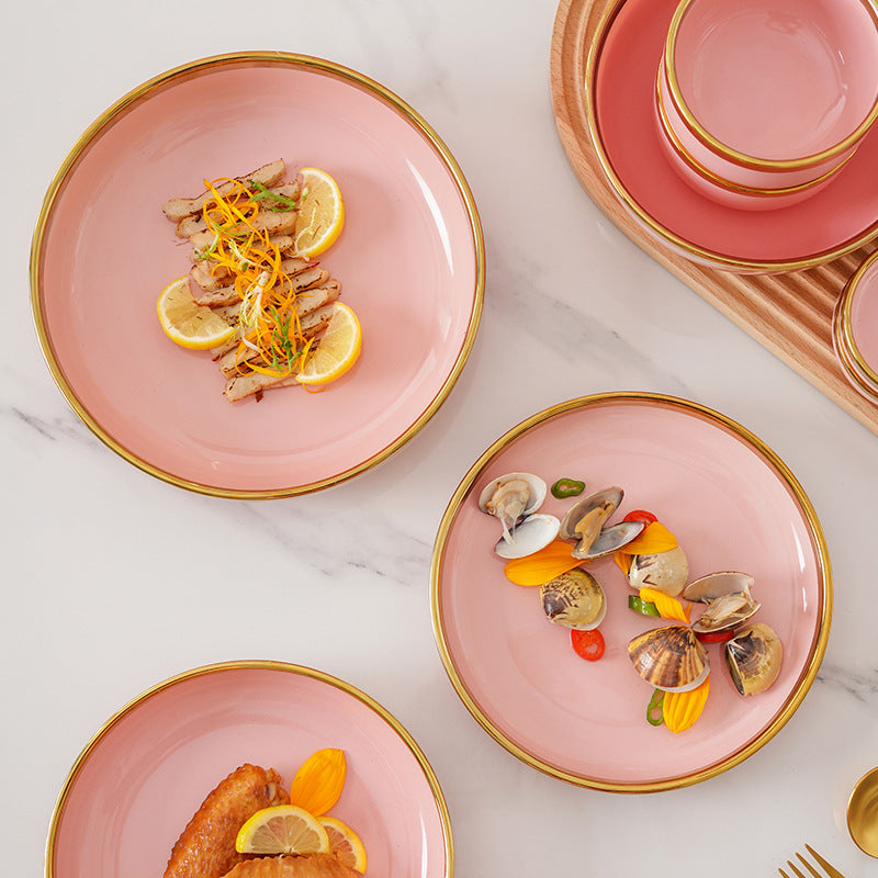 Modern Luxury Pink Gold-Edged Porcelain Dinnerware Set