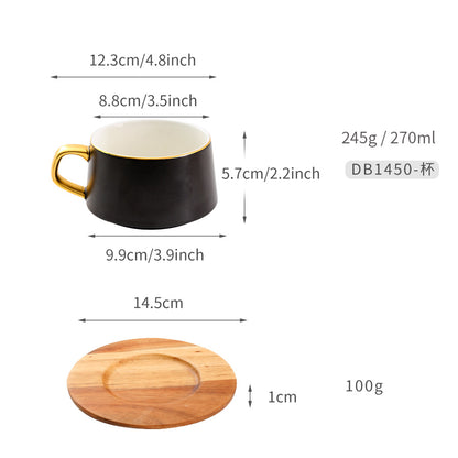 Wooden Gold Rimmed Coffee Cups with Plates & Spoons 270ml