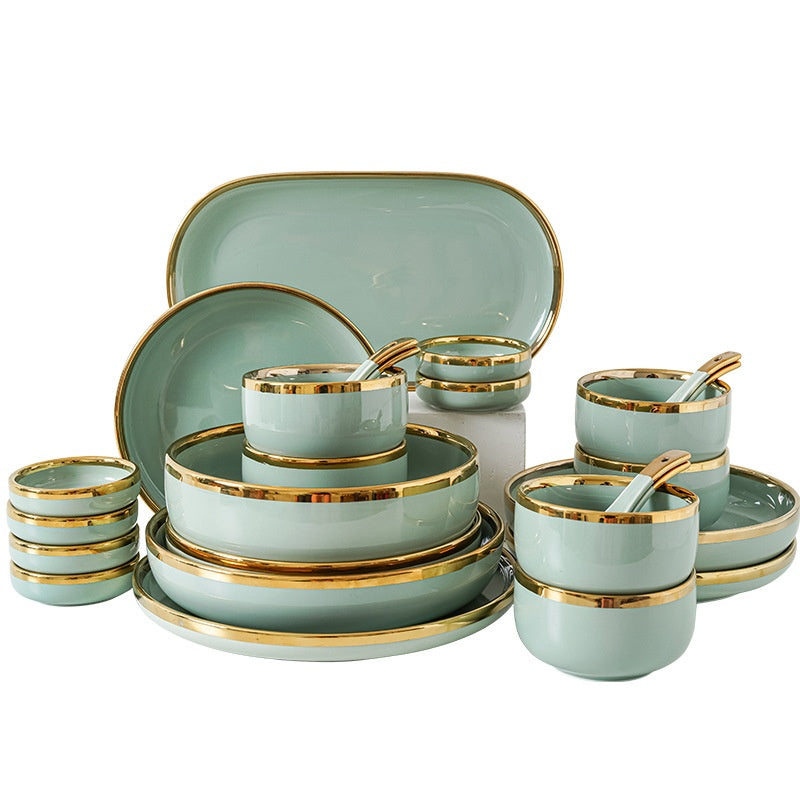 Gold-Edged Ceramic in Fruit Green (32-Piece Set with Gift Box)