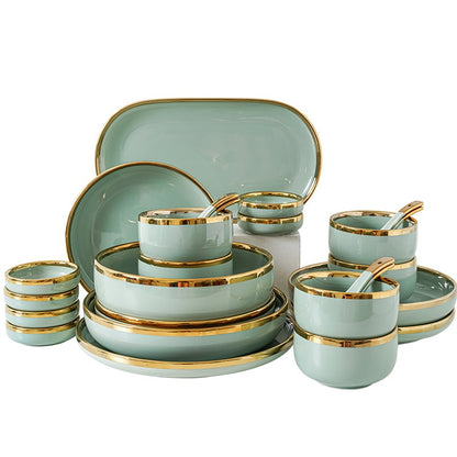 Gold-Edged Ceramic in Fruit Green (32-Piece Set with Gift Box)