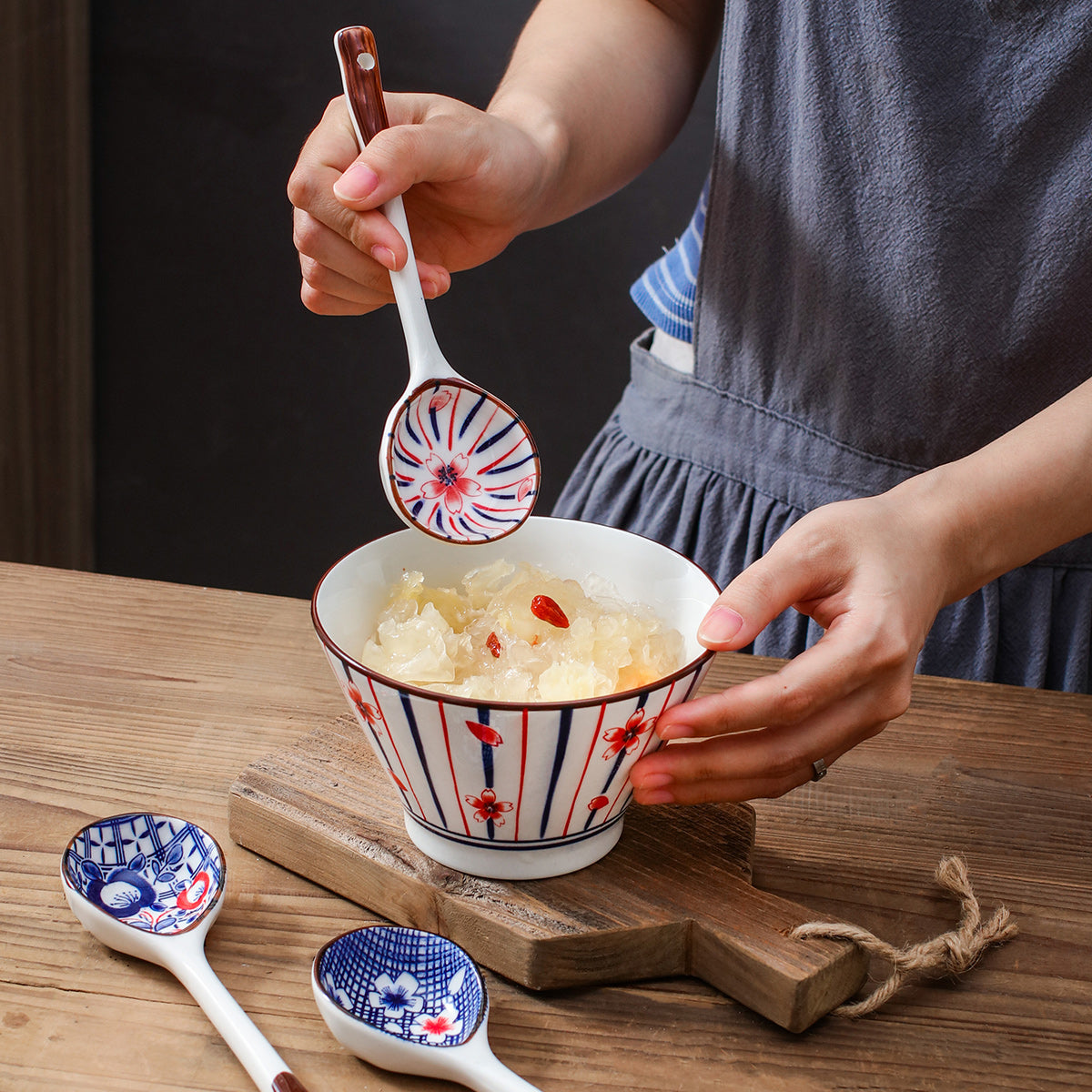 Japanese Style Flower Pattern Long Handle Ceramic Spoon Flatware Set - Noodle, Soup & Dinner Spoons