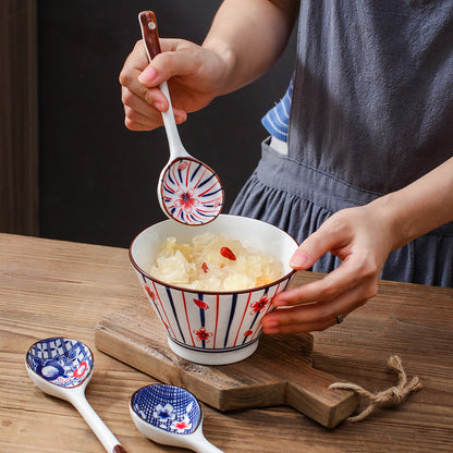 Japanese Style Flower Pattern Long Handle Ceramic Spoon Flatware Set - Noodle, Soup & Dinner Spoons