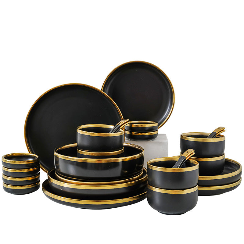 Luxury Porcelain Tableware Set - Modern Matte Black with Gold Edge (32-Piece Set with Gift Box)