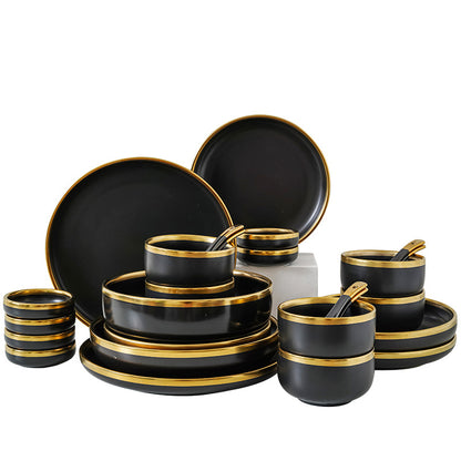 Luxury Porcelain Tableware Set - Modern Matte Black with Gold Edge (32-Piece Set with Gift Box)