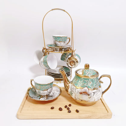 British Ceramic 13-Piece Tea Set with Golden Coffee & Tea Royal Teapot and Cups - Afternoon Tea European Style
