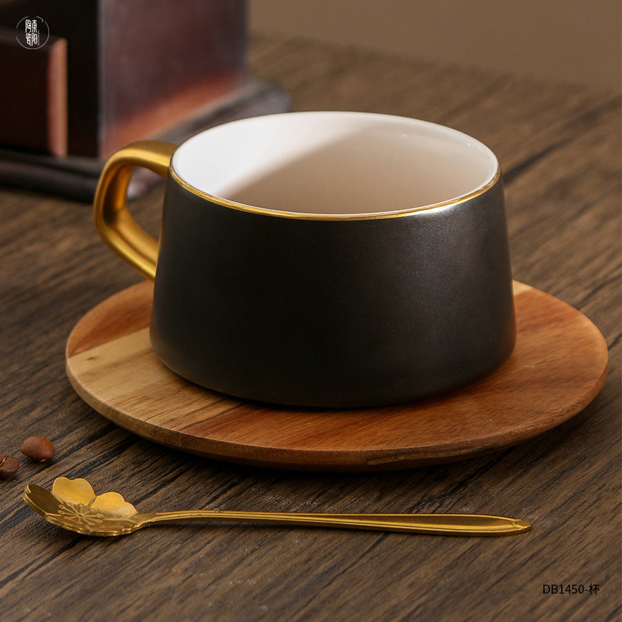 Wooden Gold Rimmed Coffee Cups with Plates & Spoons 270ml