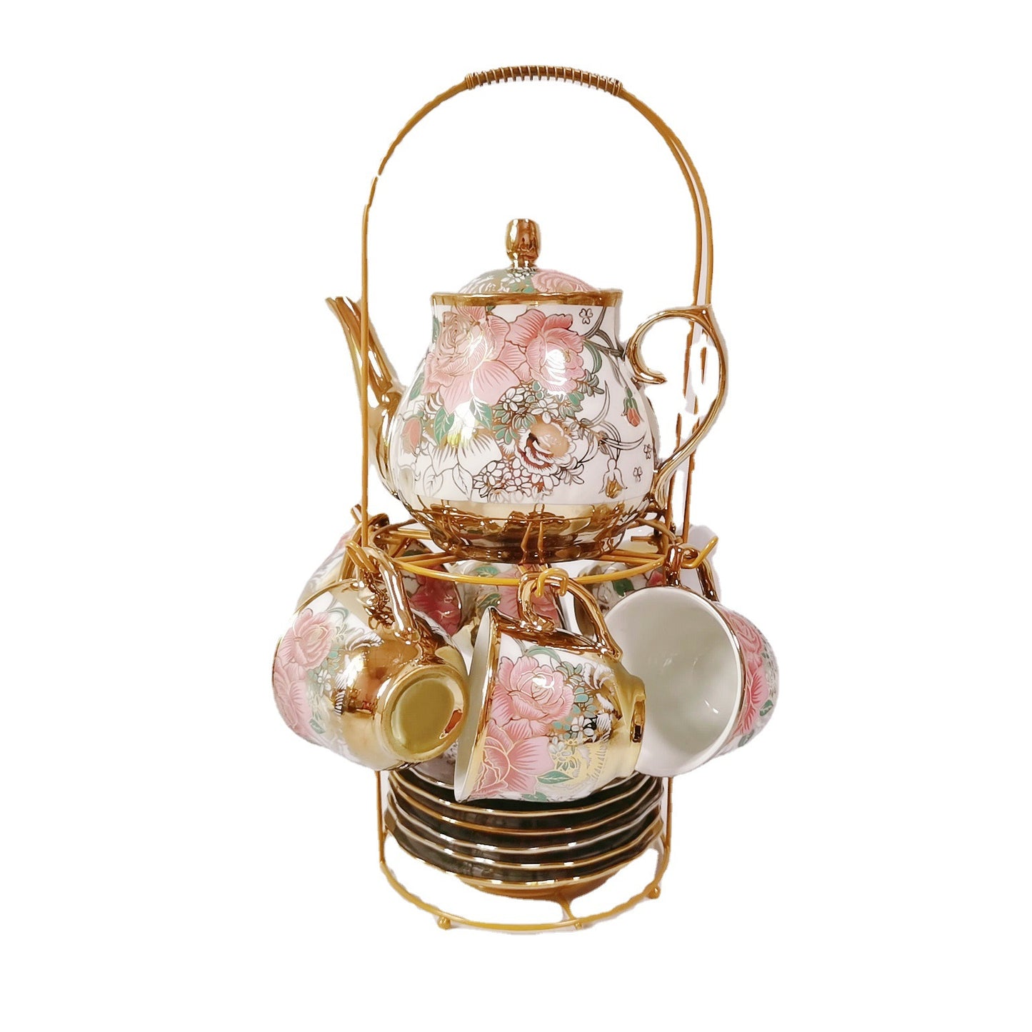 British Ceramic 13-Piece Tea Set with Golden Coffee & Tea Royal Teapot and Cups - Afternoon Tea European Style