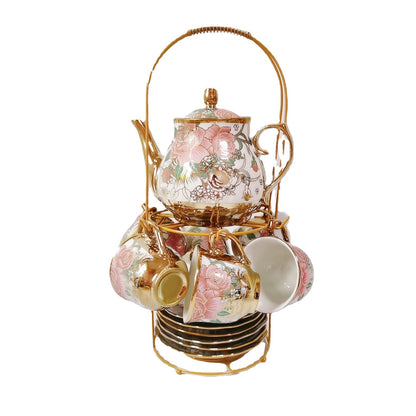 British Ceramic 13-Piece Tea Set with Golden Coffee & Tea Royal Teapot and Cups - Afternoon Tea European Style